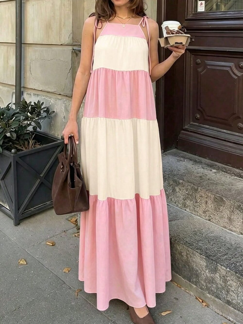 Pink Casual Women's Contrast Color Block Maxi Dress - Picture 4 of 4